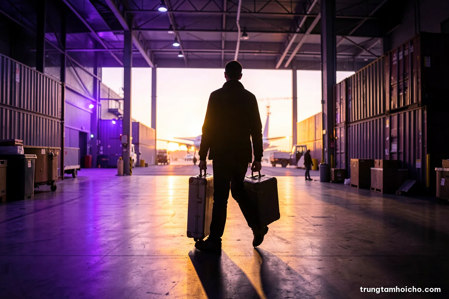 Silhouette of a traveler with a hard-shell equipment case walking through a bright airport cargo terminal at dawn, long shadows, steel grey and soft orange palette, wide shot