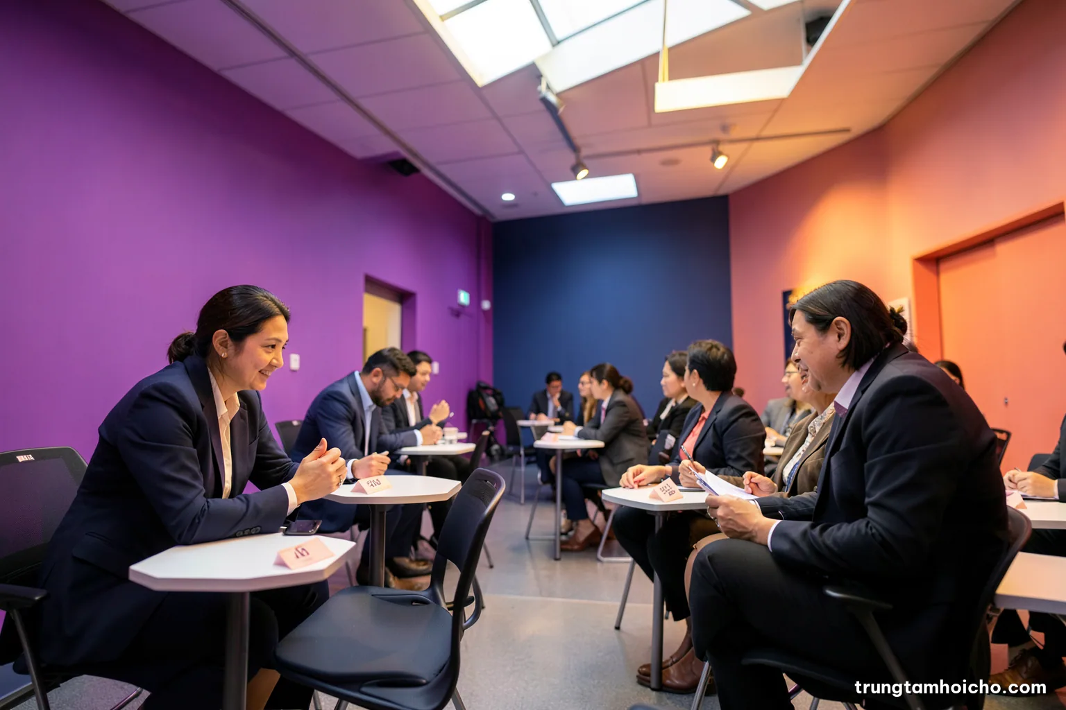 Low angle view of rows of small numbered meeting tables in a quiet business matching lounge, pairs of Vietnamese and foreign delegates talking, diffused skylight, slate blue and coral palette