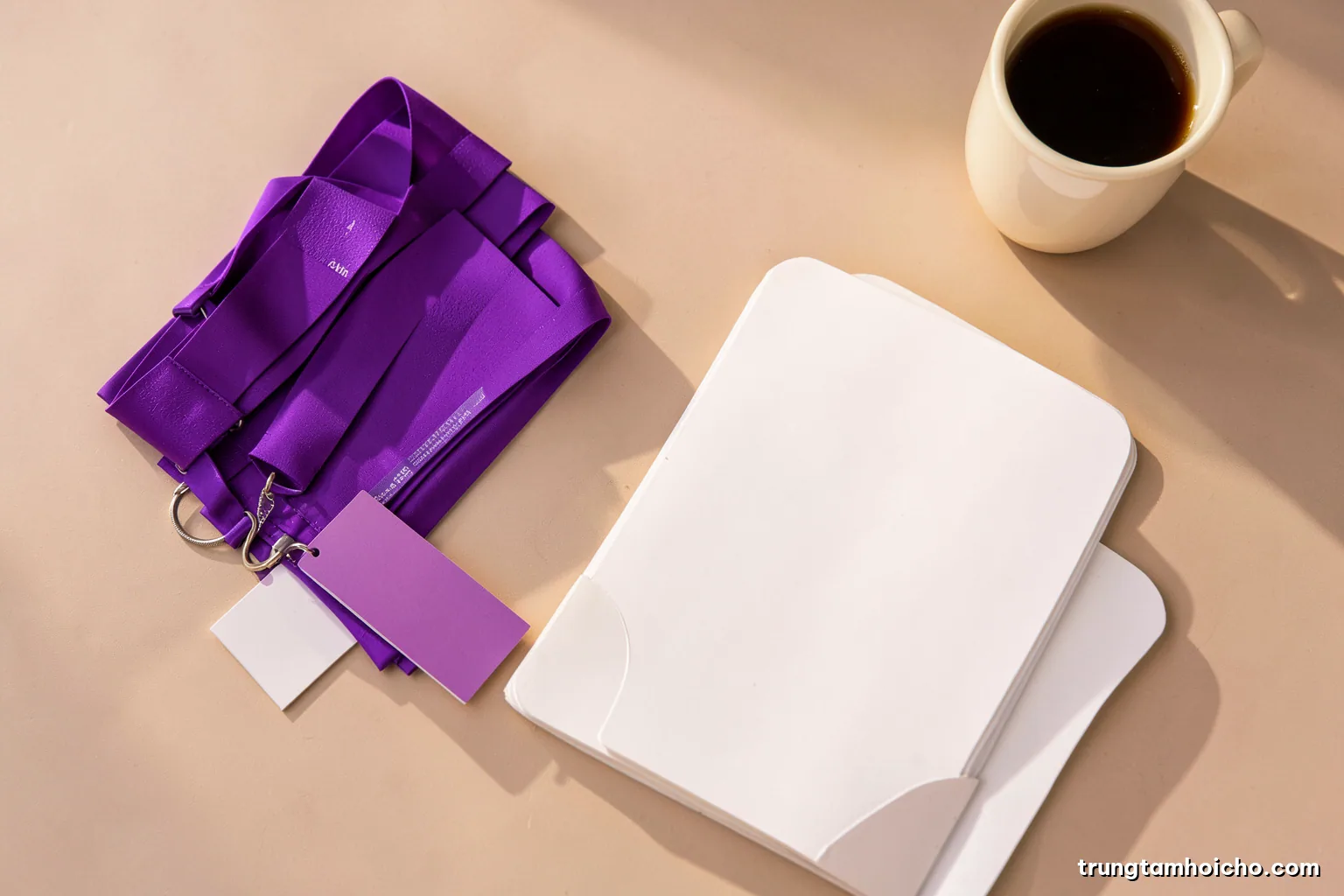 Top-down view of a tidy desk with folded booth lanyards, a stack of blank cards, a coffee cup and an open blank notebook, morning sunlight, soft beige palette