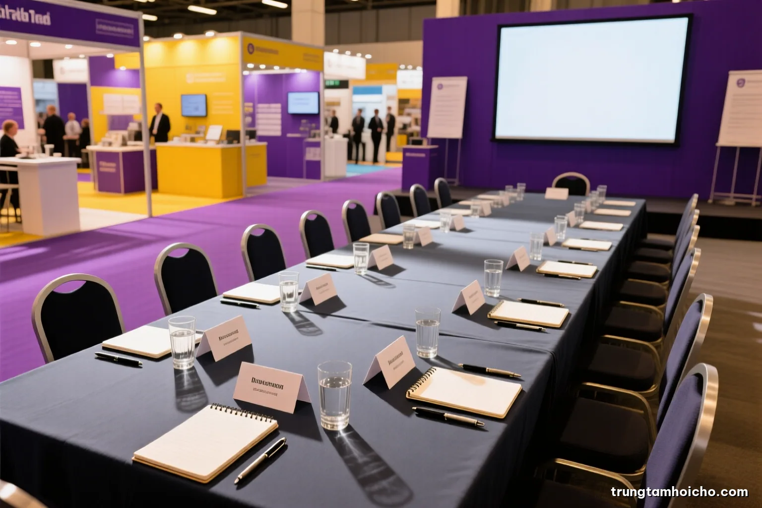 Top-down view of a long seminar table with blank notepads, pens, water glasses and name cards turned face down, morning light, navy and warm grey palette, editorial style