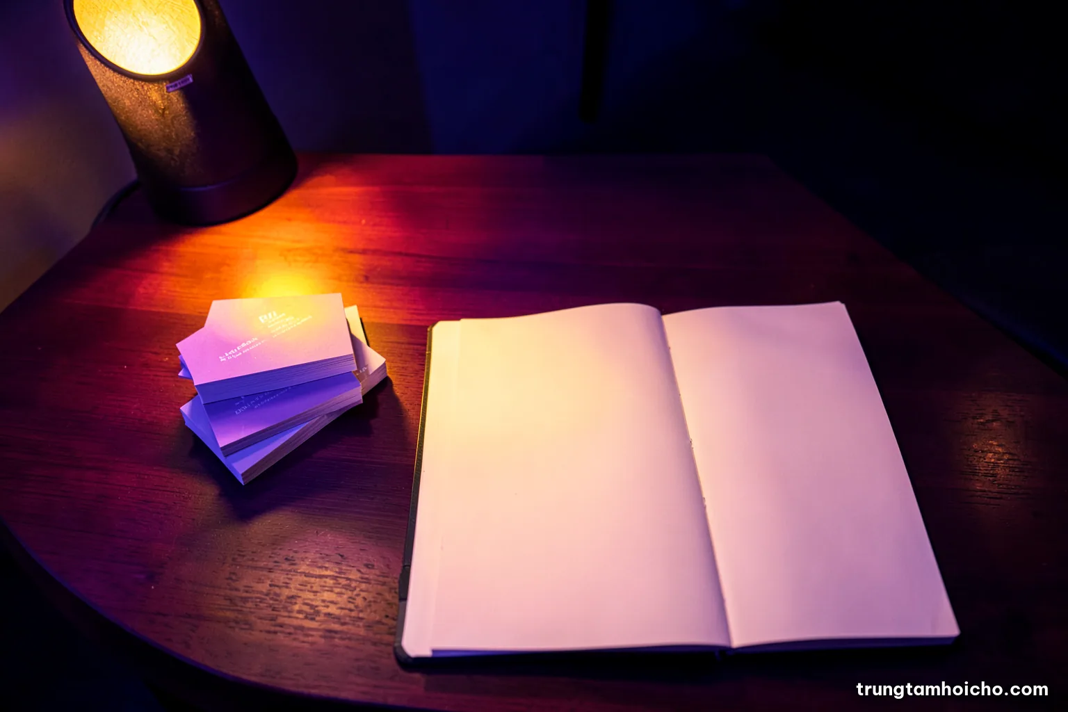 Top-down view of a hotel desk at night after a trade fair, stacks of business cards sorted into three piles, a notebook with blank pages, warm lamp light, navy and amber tones