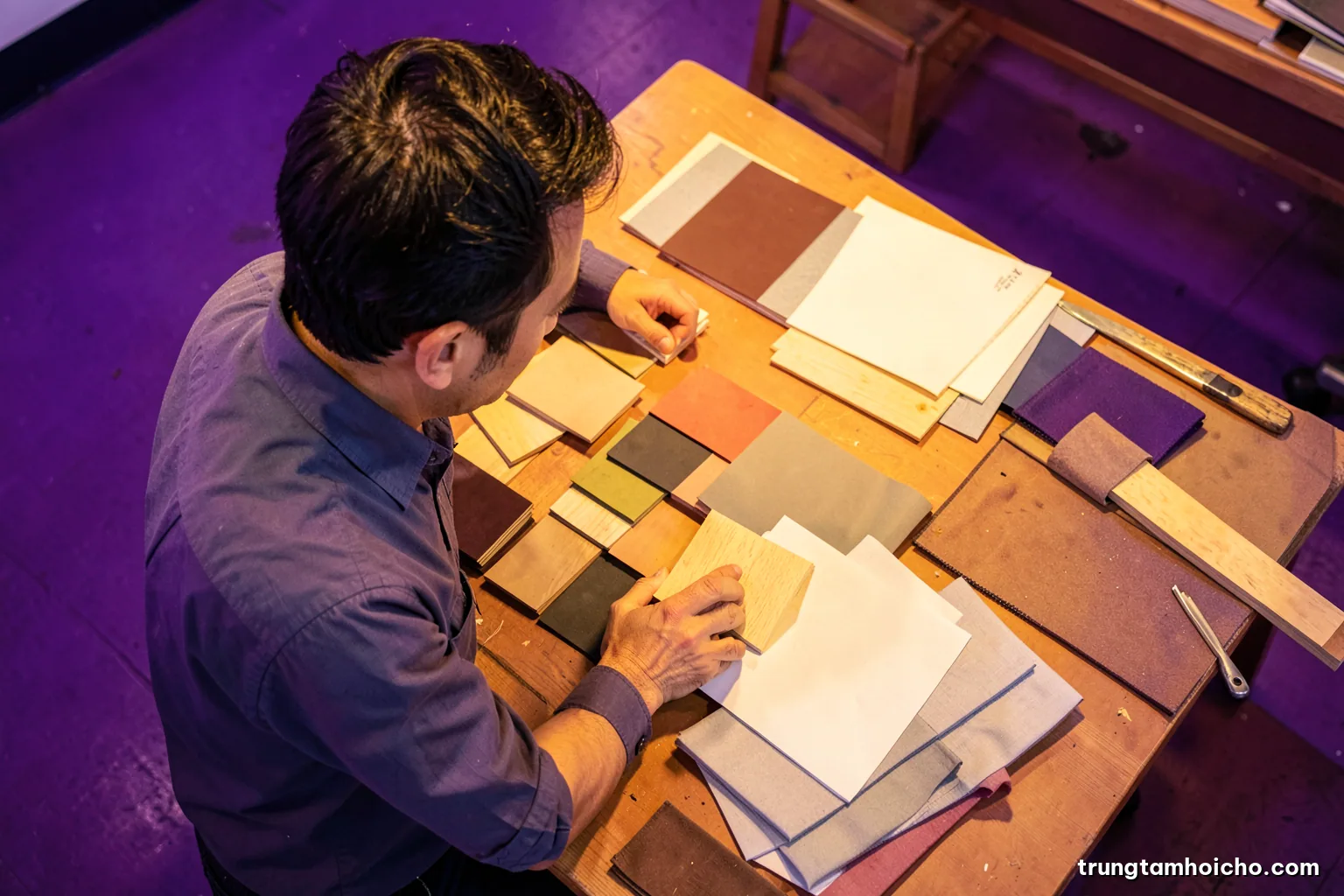 Top-down shot of a Vietnamese project manager comparing material swatches, plywood offcuts and fabric samples spread on a workshop table beside a blank notepad, warm tungsten light, terracotta and wood palette