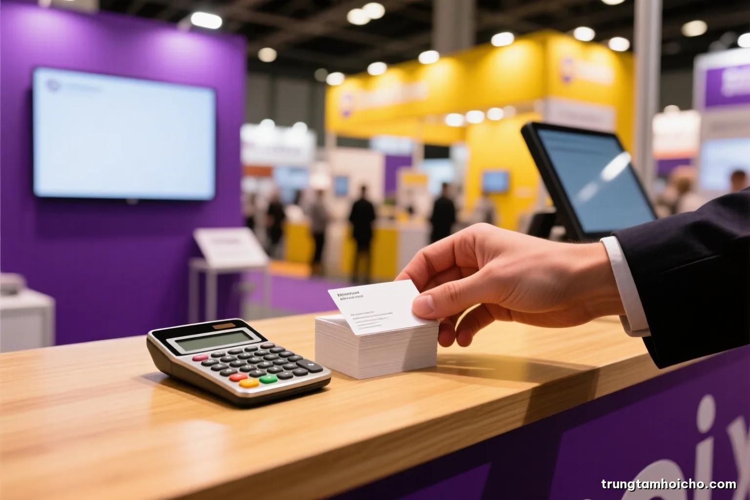 Close-up over-the-shoulder shot of a hand placing a stack of blank business cards beside a calculator on a wooden counter at an exhibition stand, shallow depth of field
