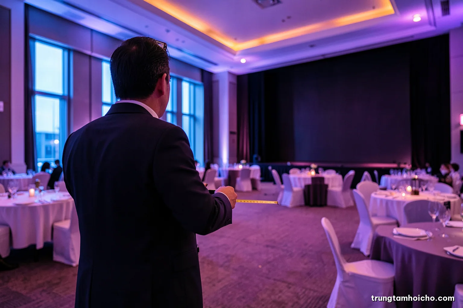 Wide low-angle shot of an empty hotel ballroom with round tables and bare stage, a Vietnamese event manager seen from behind holding a tape measure, cool blue daylight from tall windows