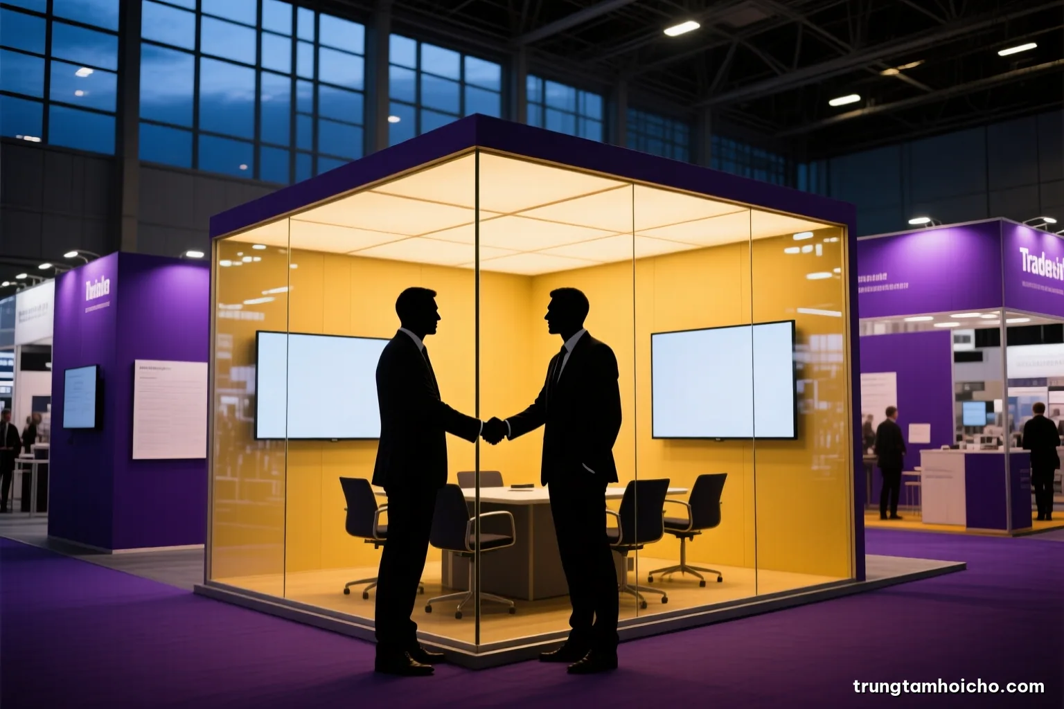 Silhouette of two business partners shaking hands beside a glass meeting cube inside a large exhibition center, evening backlight through tall windows, deep navy and gold palette