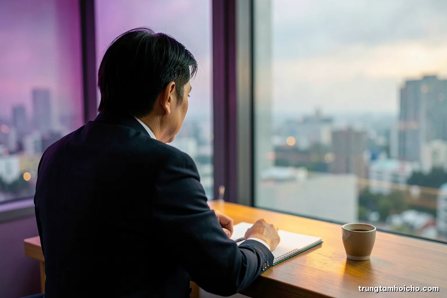 Thoughtful Vietnamese business owner seen from behind at a desk by a window, looking out over a city, blank notepad and coffee, soft overcast light, muted teal and warm grey, editorial
