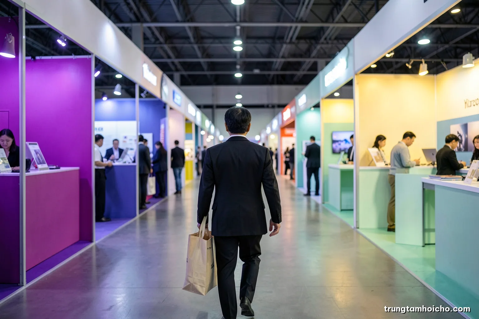 Back view of a Vietnamese buyer with a tote bag walking down a long exhibition aisle lined with booths, symmetrical composition, cool overhead light, steel grey and mint palette
