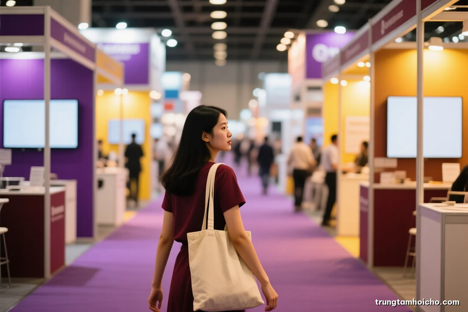Over-the-shoulder view of a young Vietnamese woman with a tote bag walking down a long busy exhibition aisle, booths blurred in bokeh, warm tungsten light, burgundy and cream palette