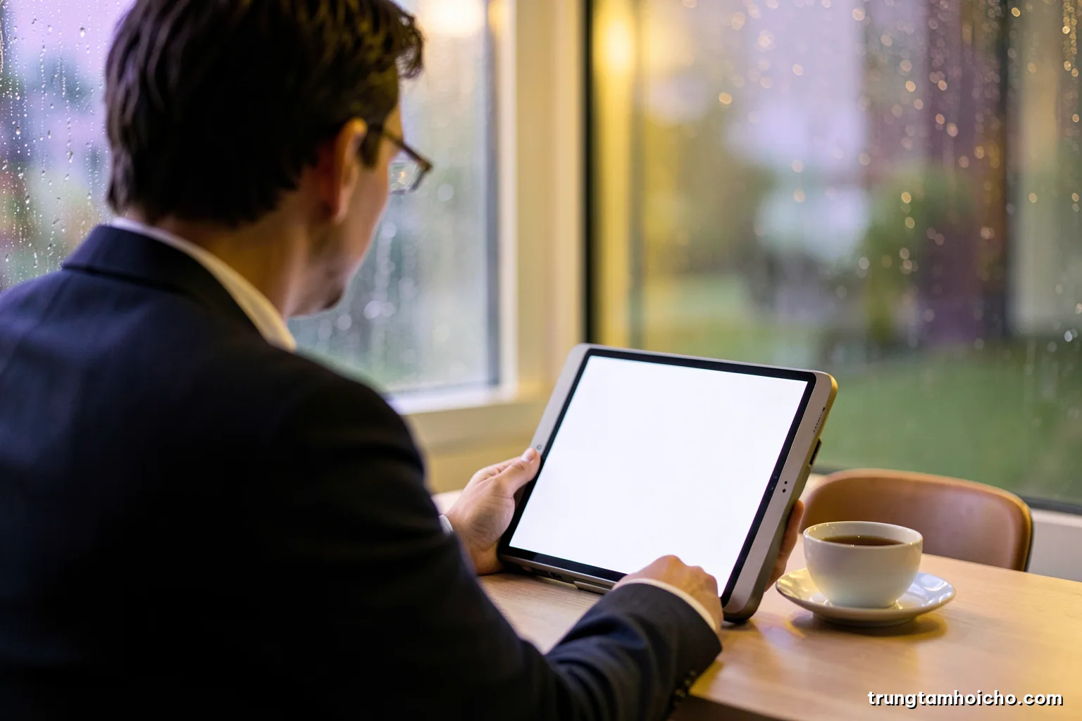 Over-the-shoulder view of a sales manager reviewing a blank tablet beside a cup of tea in a quiet office, rain on the window, soft diffused light, muted green tones