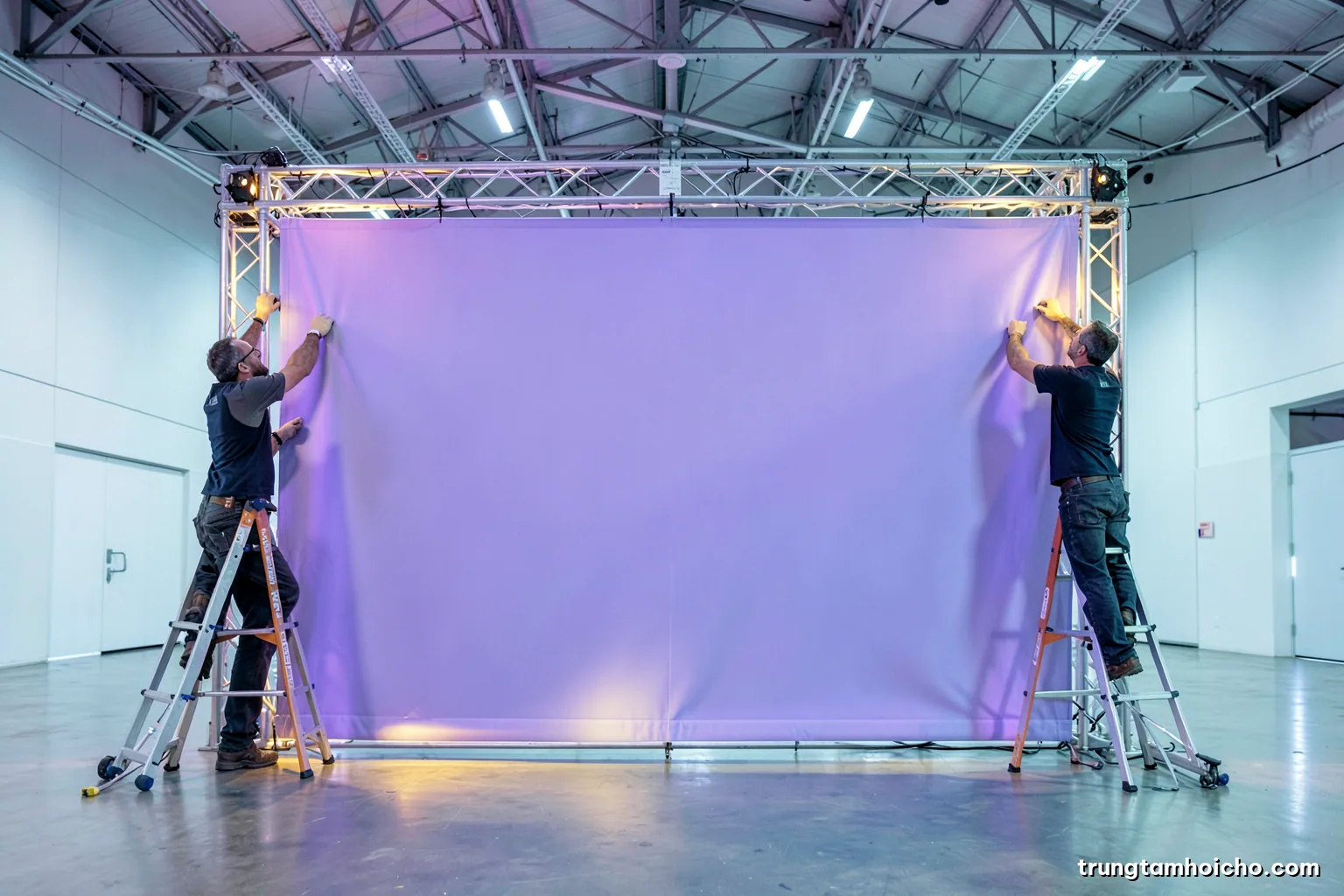 Wide shot of a large blank fabric wall being stretched into an aluminium frame by two technicians on ladders inside an empty hall, cool white light, pale teal and silver palette