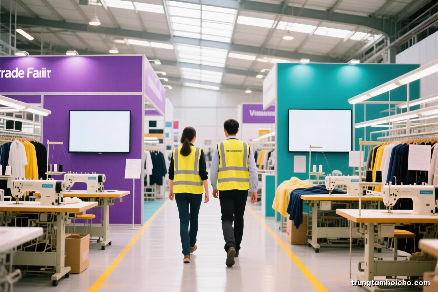 Wide angle of a clean bright Vietnamese garment factory floor, two visitors in safety vests walking with a supervisor between sewing lines, faces turned away, natural skylight, white and teal tones