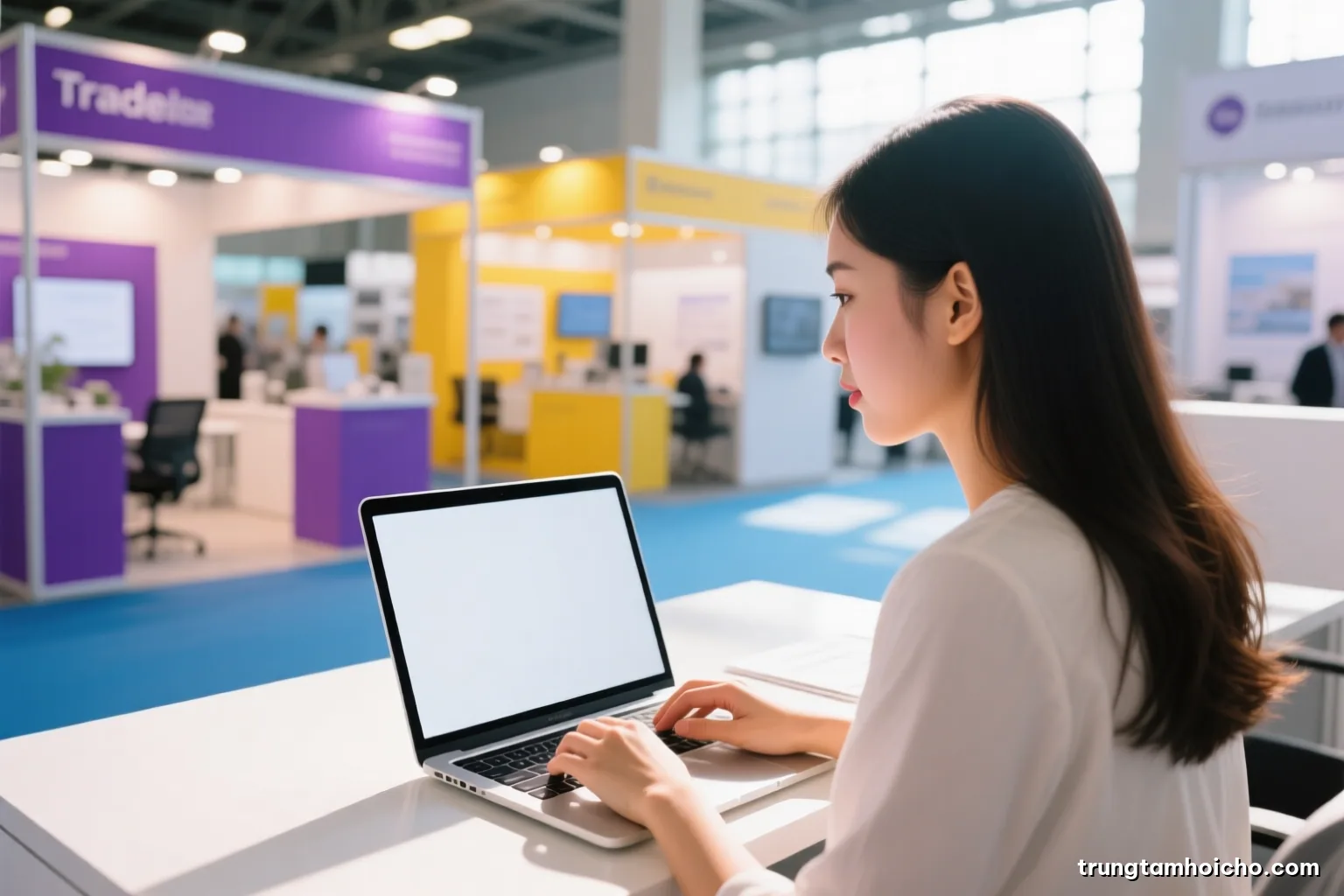 Over-the-shoulder shot of a young Vietnamese woman typing on a laptop with a blank screen in a bright open office, morning sunlight, white and soft blue palette