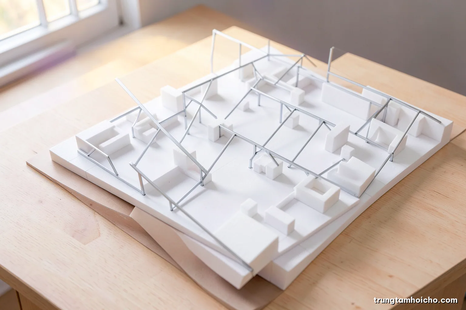 Top-down view of an exhibition floor plan model made of white foam blocks and aluminium frame miniatures on a pale wooden desk, soft daylight from a window, minimal white and silver palette