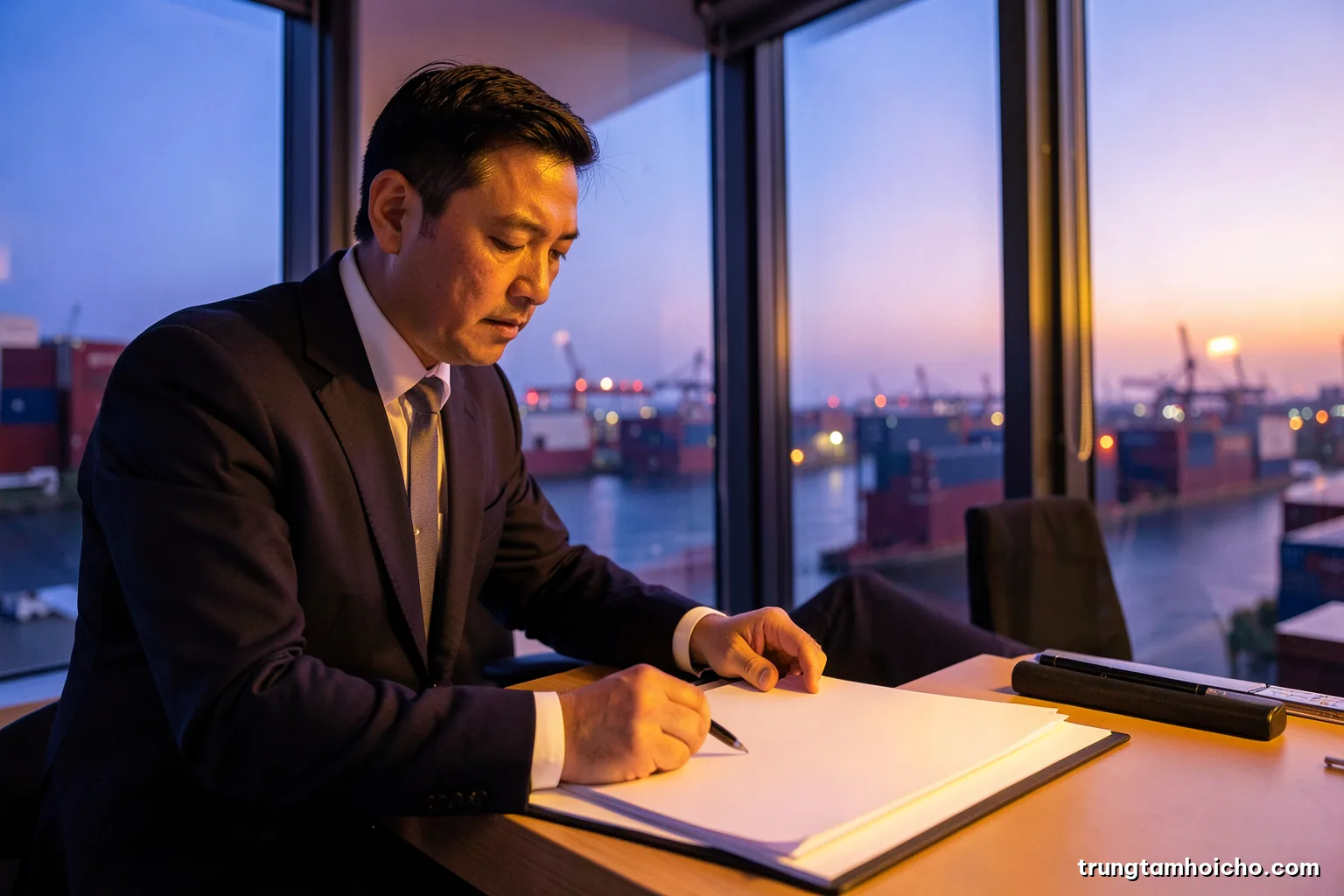 Low angle view of a Vietnamese export manager reviewing blank sheets at a desk beside a window overlooking a container port at dusk, cool blue and orange palette