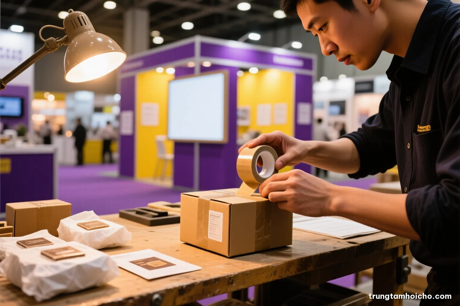 Side view of Vietnamese hands sealing a small cardboard parcel with kraft tape on a workshop bench, product samples wrapped in tissue nearby, warm tungsten light, brown and cream palette