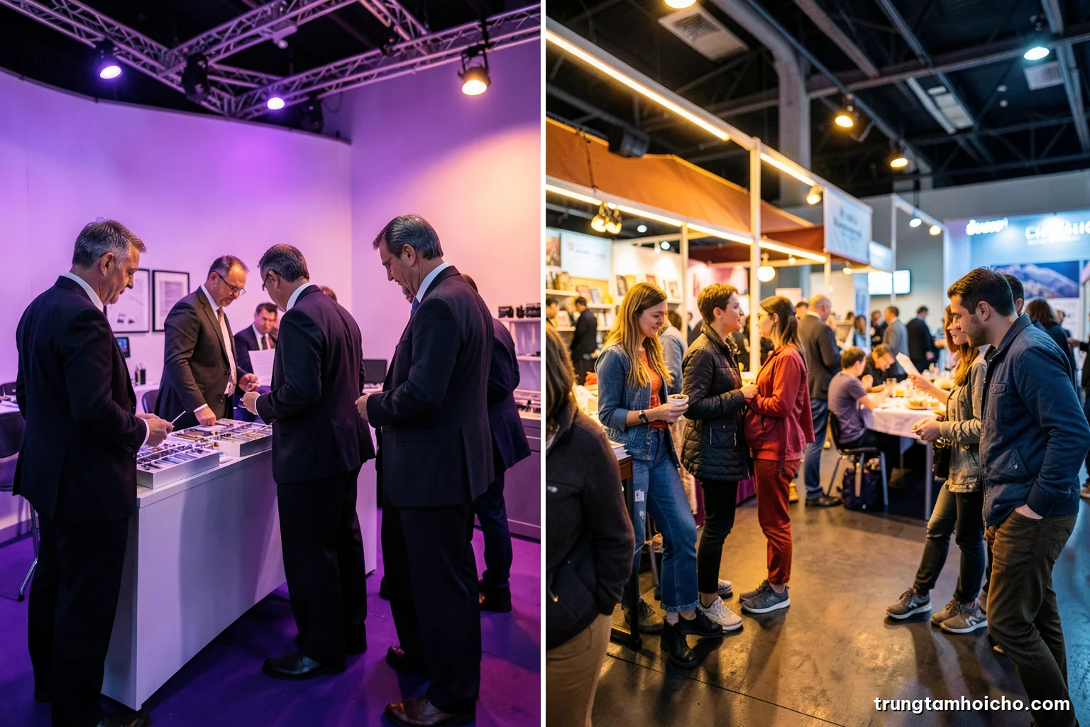 Split composition: on one side business buyers in suits examining industrial samples at a quiet booth, on the other families browsing a lively market stall, warm amber and cool blue tones, editorial