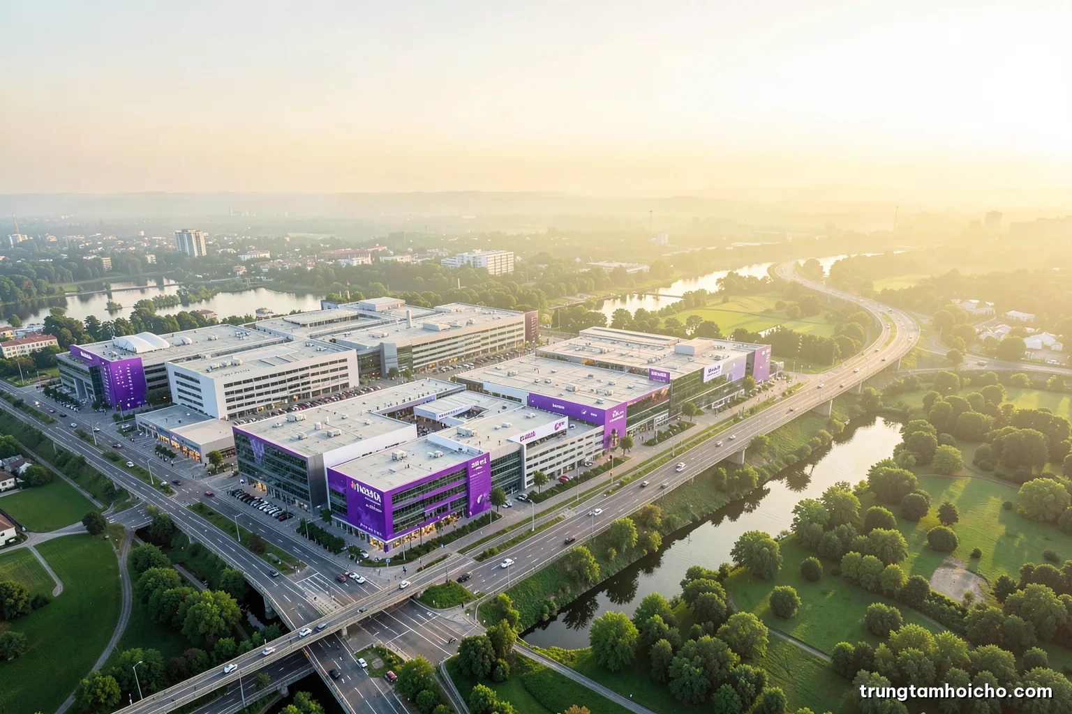 Aerial view of a vast modern convention complex beside a river at sunrise, highways and green parkland around it, soft haze, pale gold and jade palette, wide editorial cityscape photography