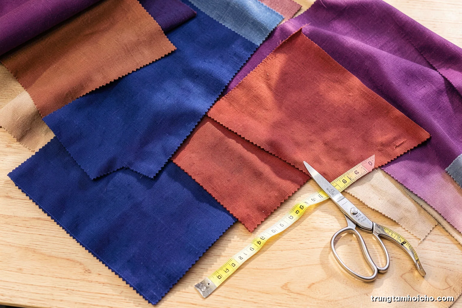 Top-down view of fabric swatches in indigo, rust and sand tones spread across a pale oak table beside tailoring scissors and a tape measure, soft north light, textile editorial photography