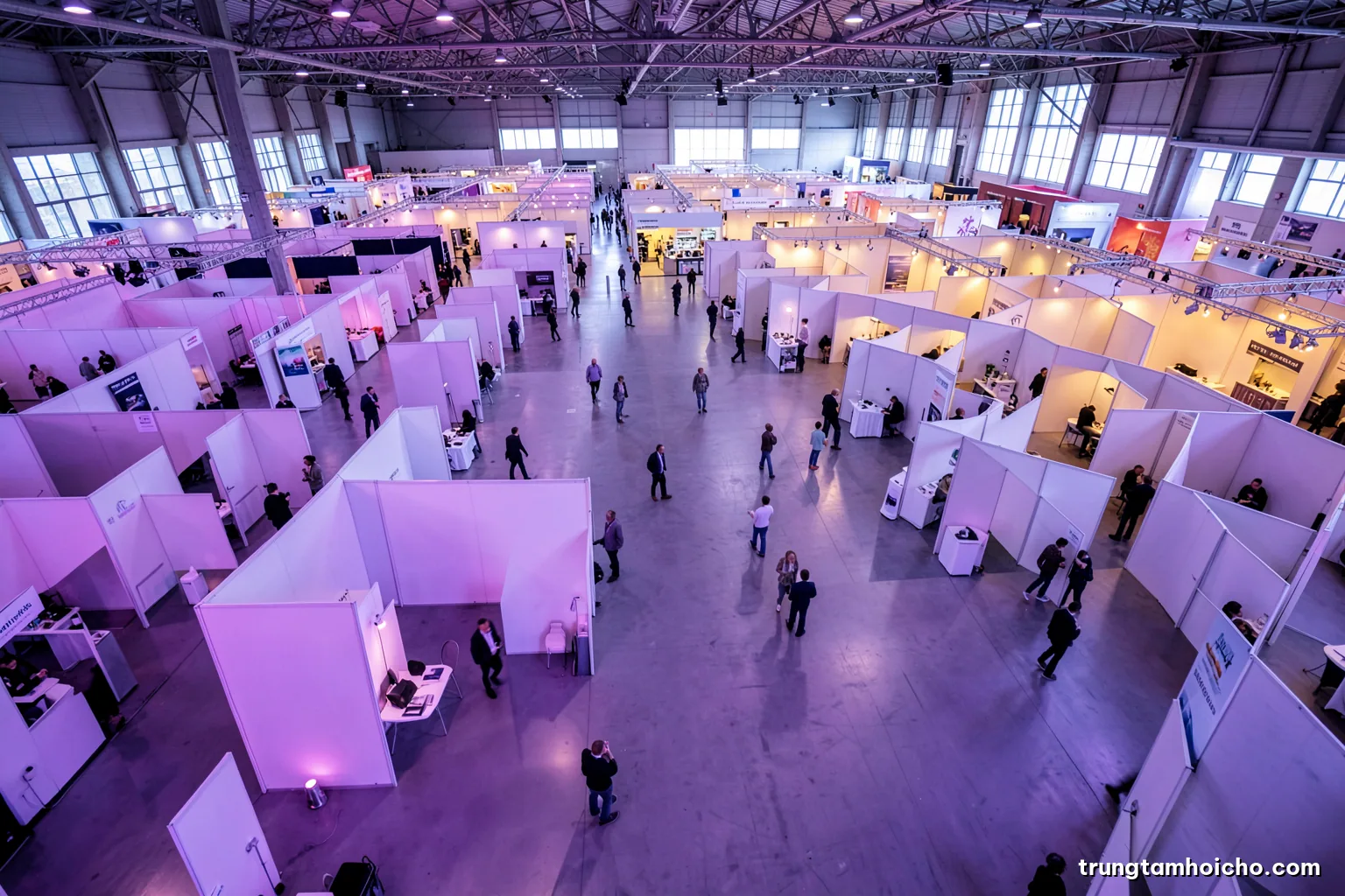 Wide aerial view of a vast exhibition hall floor with rows of empty booths and a few visitors walking, cool morning light, violet and soft grey palette, editorial magazine photography