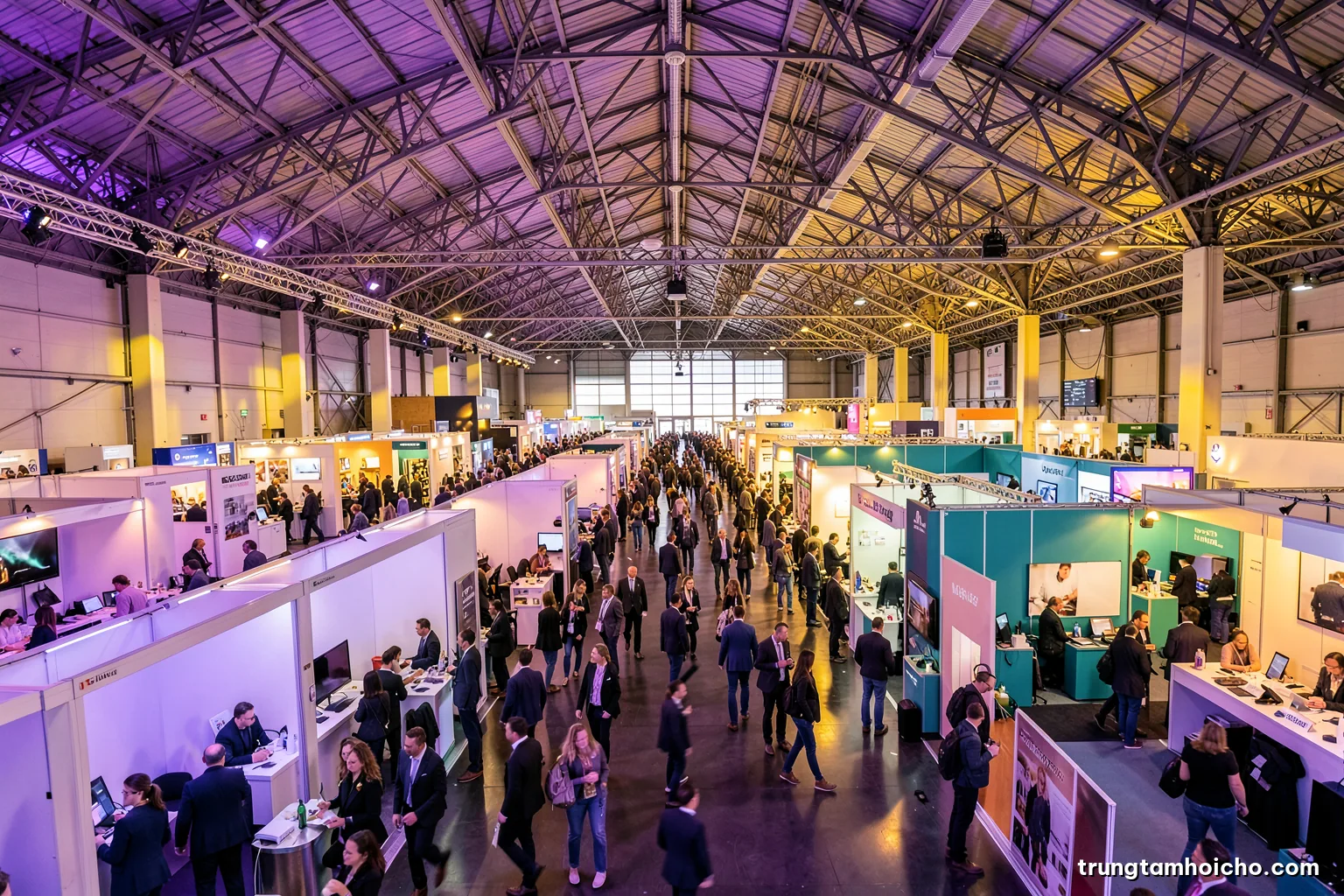 Wide high-angle view of a vast modern exhibition hall with steel roof trusses, crowds of buyers walking between rows of booths, warm afternoon light, teal and amber palette, editorial photography