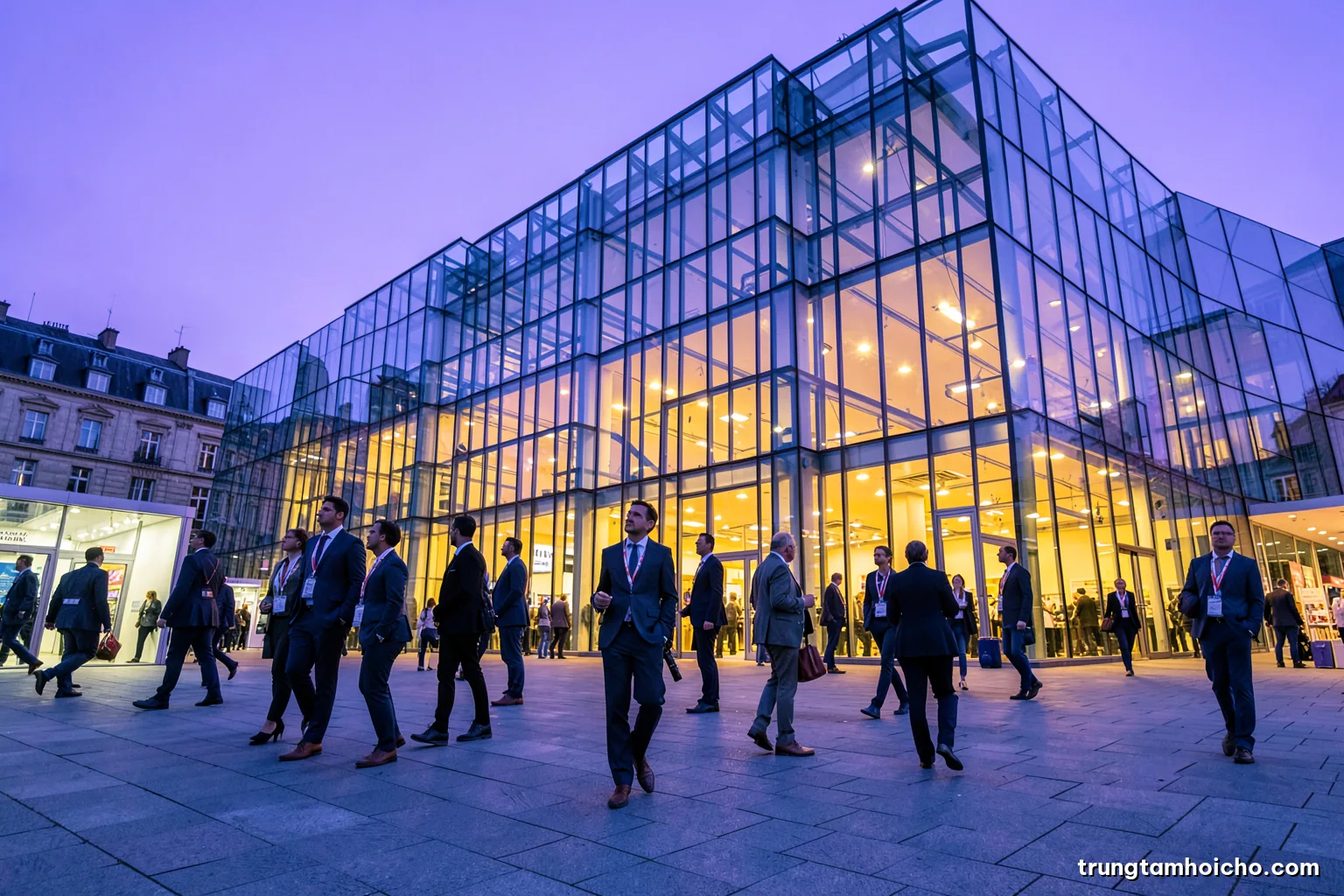 Low-angle shot of a glass and steel exhibition hall facade in Europe at dusk, business visitors with lanyards crossing a wide plaza, cool blue and silver tones, architectural editorial photography