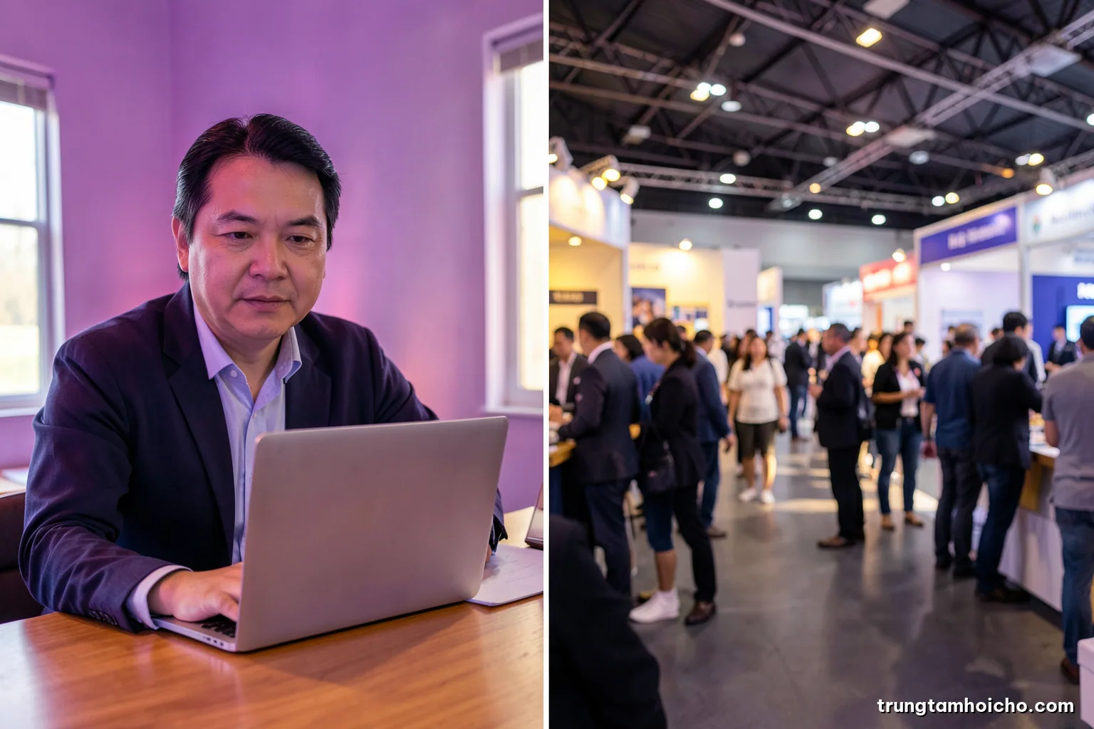 Split composition of a Vietnamese exporter at a quiet home office desk with a blank laptop on one side and a crowded physical exhibition hall on the other, natural light