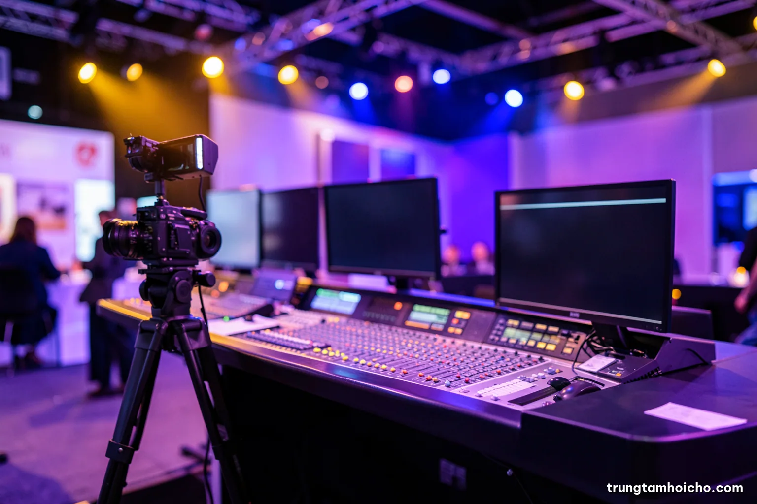 Behind-the-scenes view of a conference control desk with mixing console, camera on tripod and blank monitors, stage lights blurred in background, cool blue and orange palette