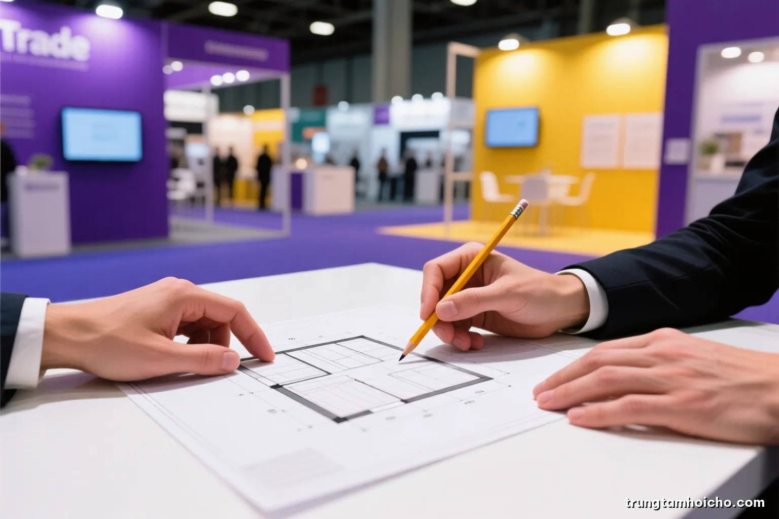 Close-up of two pairs of hands over a blank architectural floor plan on a white table, one hand pointing with a pencil, crisp studio light, indigo and warm white palette, shallow depth of field
