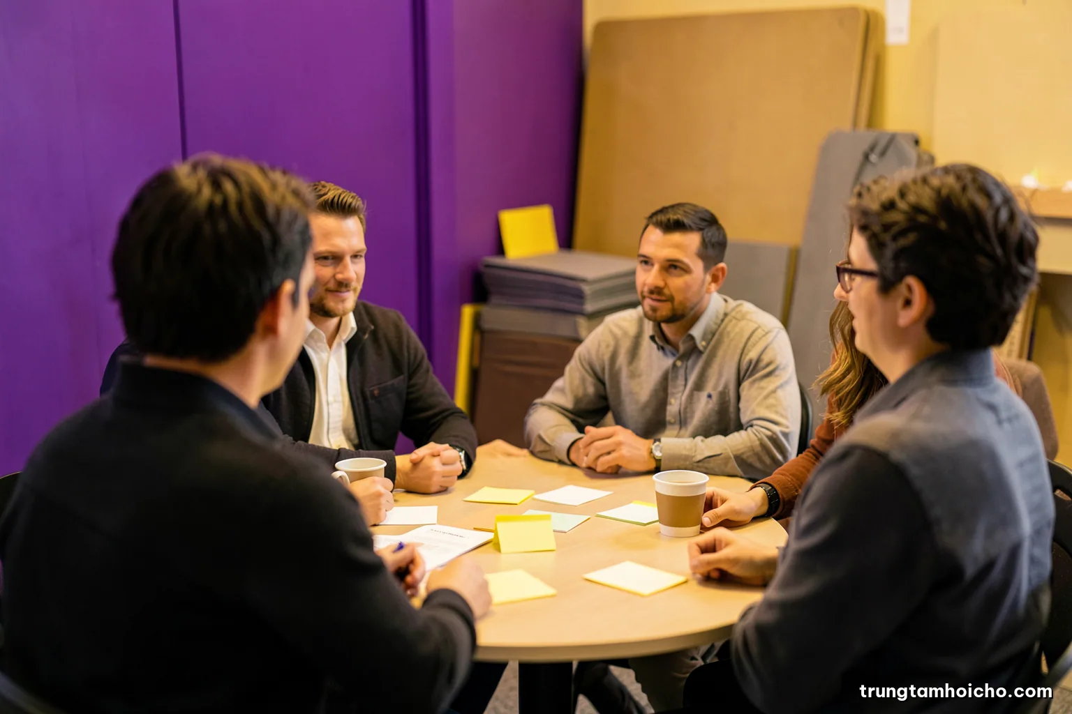 Over-the-shoulder view of a small team around a round meeting table with blank sticky notes, coffee cups, folded plain fabric booth panels stacked in the corner, soft afternoon light, mustard and grey palette
