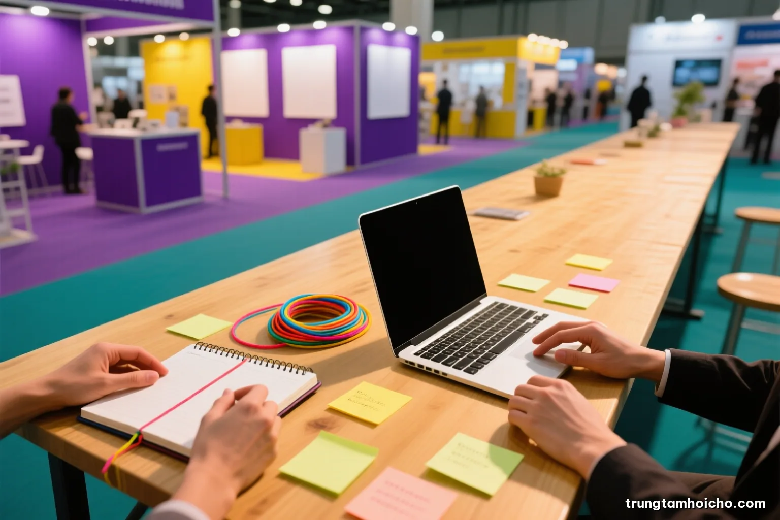 Top-down view of a long wooden table with blank sticky notes, colored string and a laptop with a dark blank screen, two Vietnamese planners hands only, soft morning daylight, muted teal palette