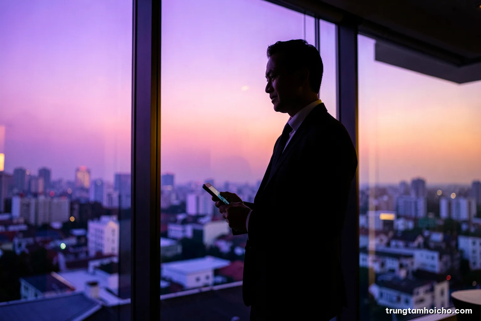 Silhouette of a Vietnamese businessman standing by a tall office window at dawn holding a phone at his side, city rooftops below, soft pink and slate blue palette