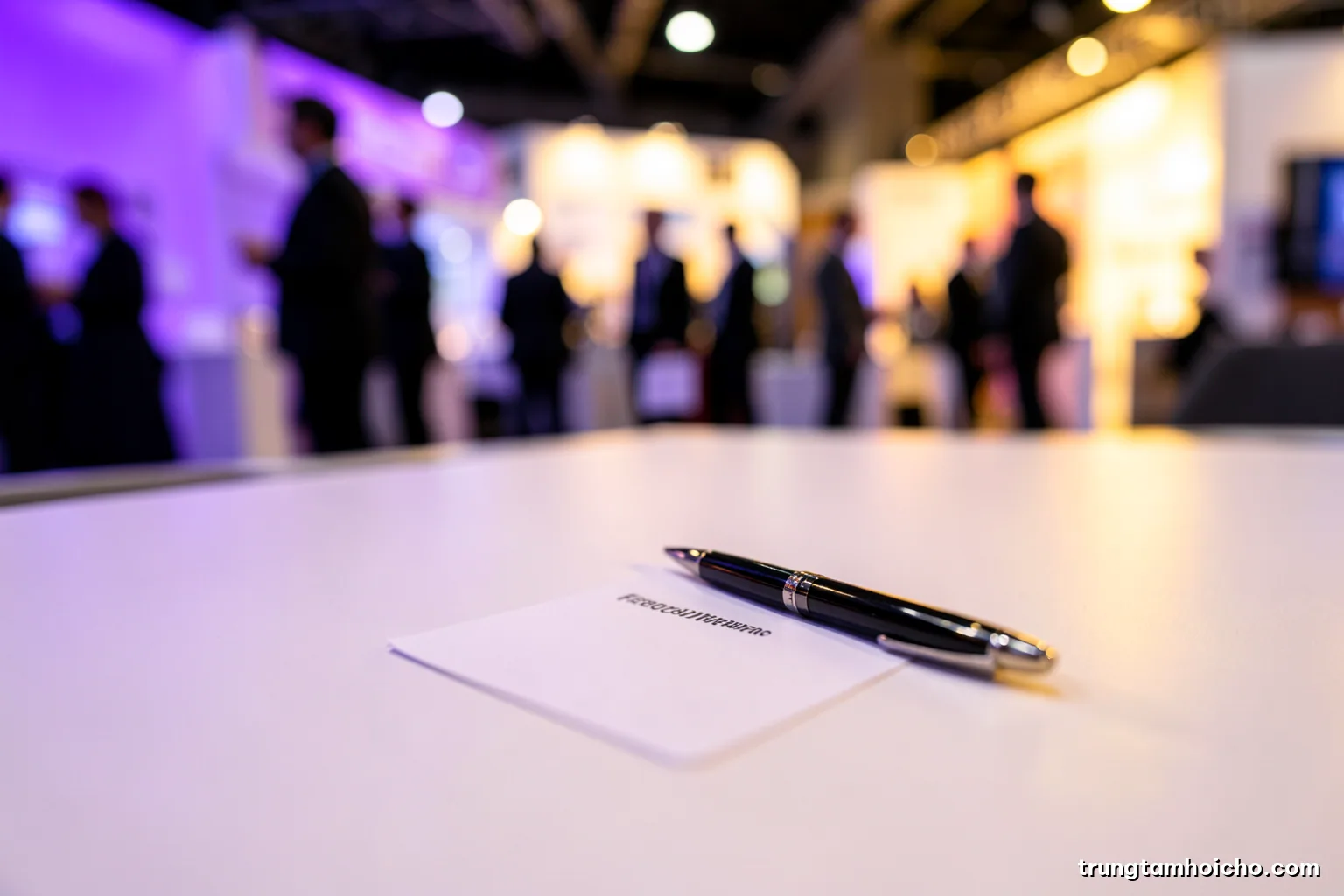 Macro shot of a pen resting on a blank feedback card on a white conference table, blurred attendees leaving the hall in the background, late afternoon golden light