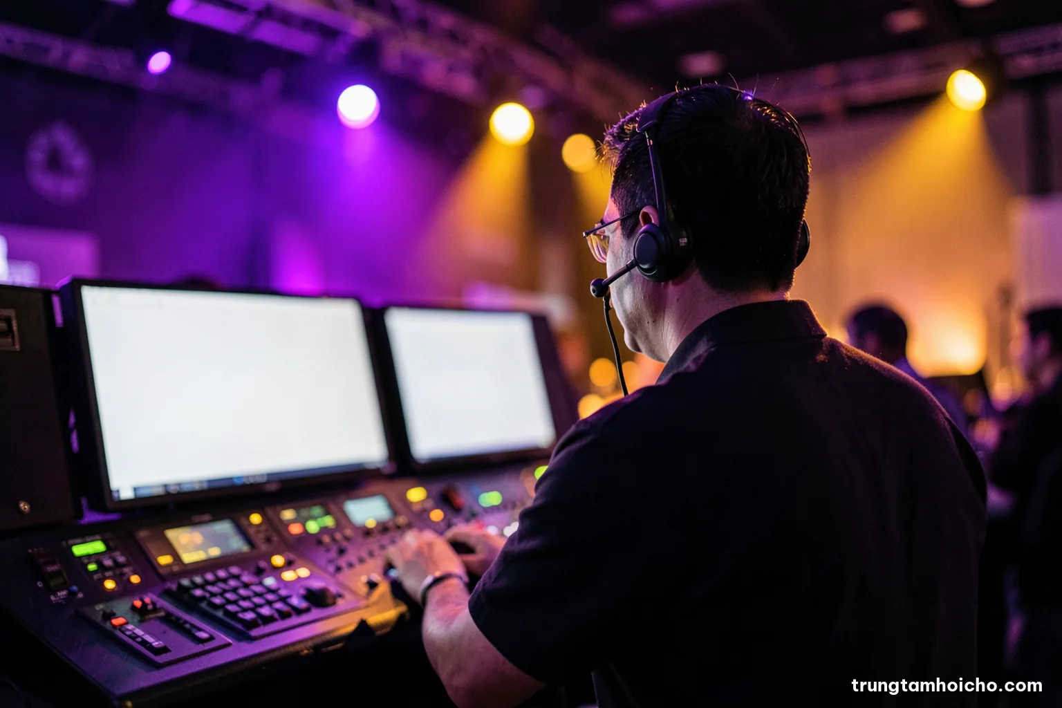 Over-the-shoulder view of a Vietnamese stage manager wearing a headset in a dim control booth, blank monitors glowing softly, stage lights blurred in background, warm amber and deep violet palette