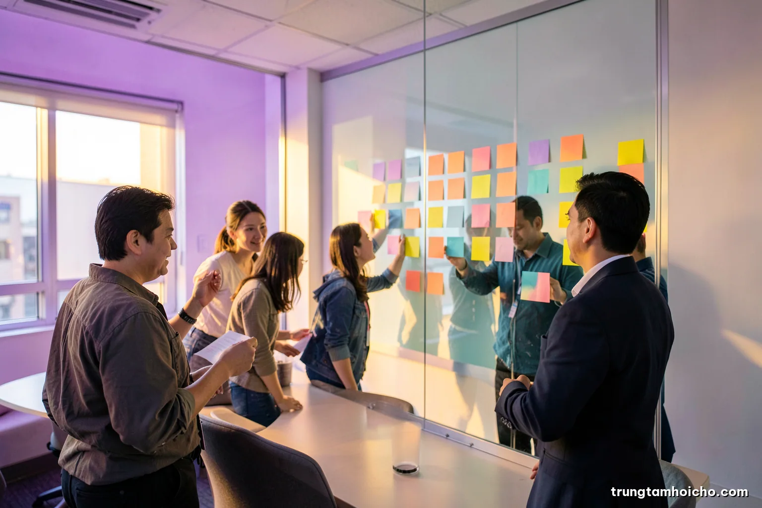 Wide shot of a bright meeting room where a small Vietnamese team arranges colored sticky notes in columns on a glass wall, morning light, teal and coral palette, no readable writing