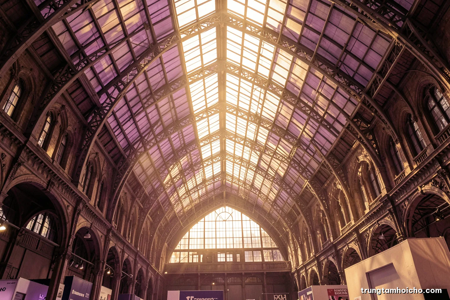 Low angle view of a vaulted iron and glass exhibition hall roof with sunlight streaming through, nineteenth century architecture, sepia and soft gold palette, documentary editorial photography