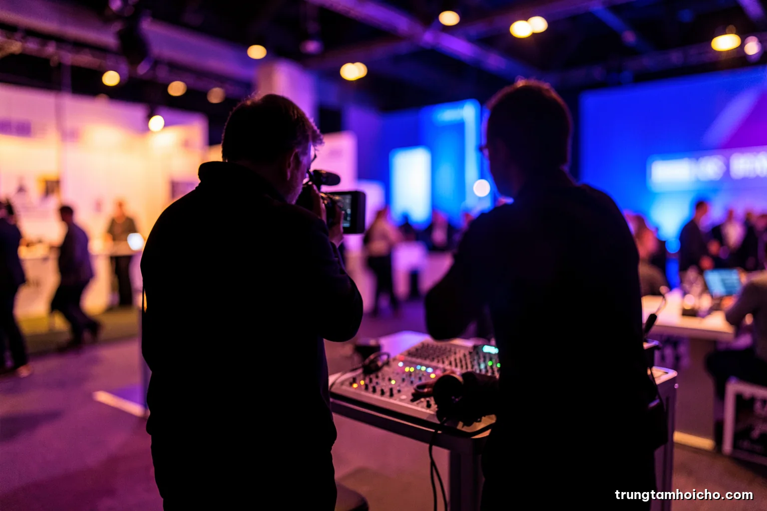 Behind a camera operator silhouette at a conference hall, a small broadcast desk with audio mixer and headphones in the foreground, stage glowing blue in the distance, shallow depth of field
