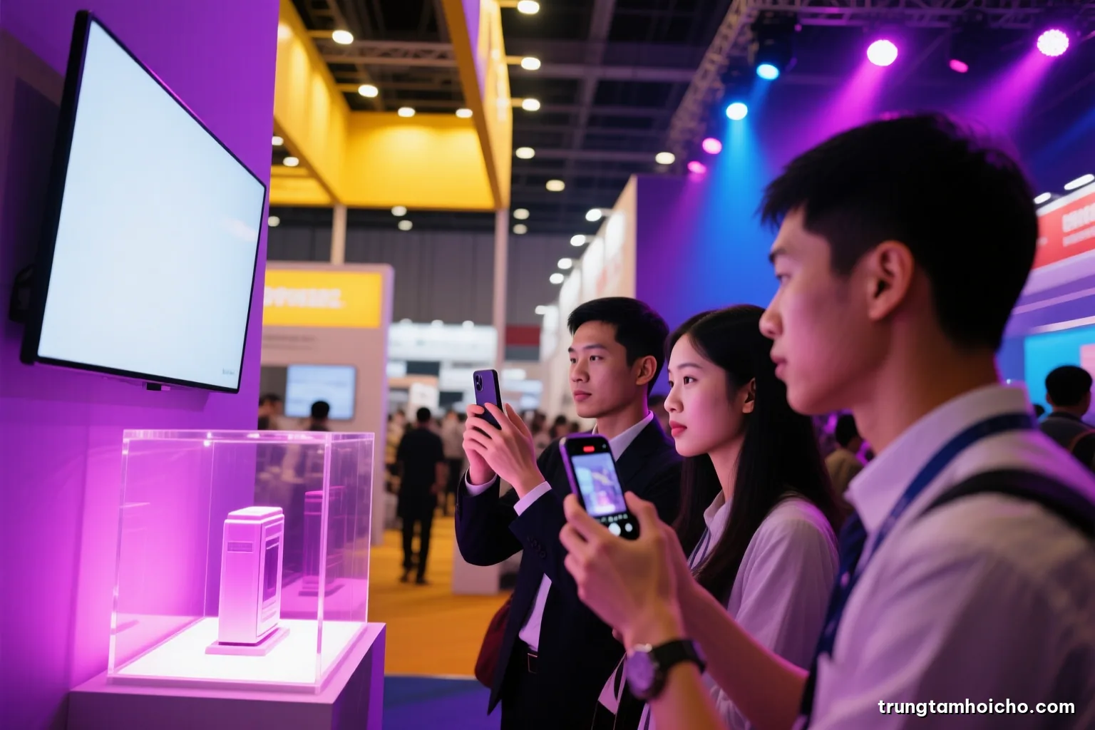 Low angle shot of young Vietnamese attendees photographing a glowing product display with their phones at an evening launch event, magenta and cyan stage lighting, faces softly out of focus