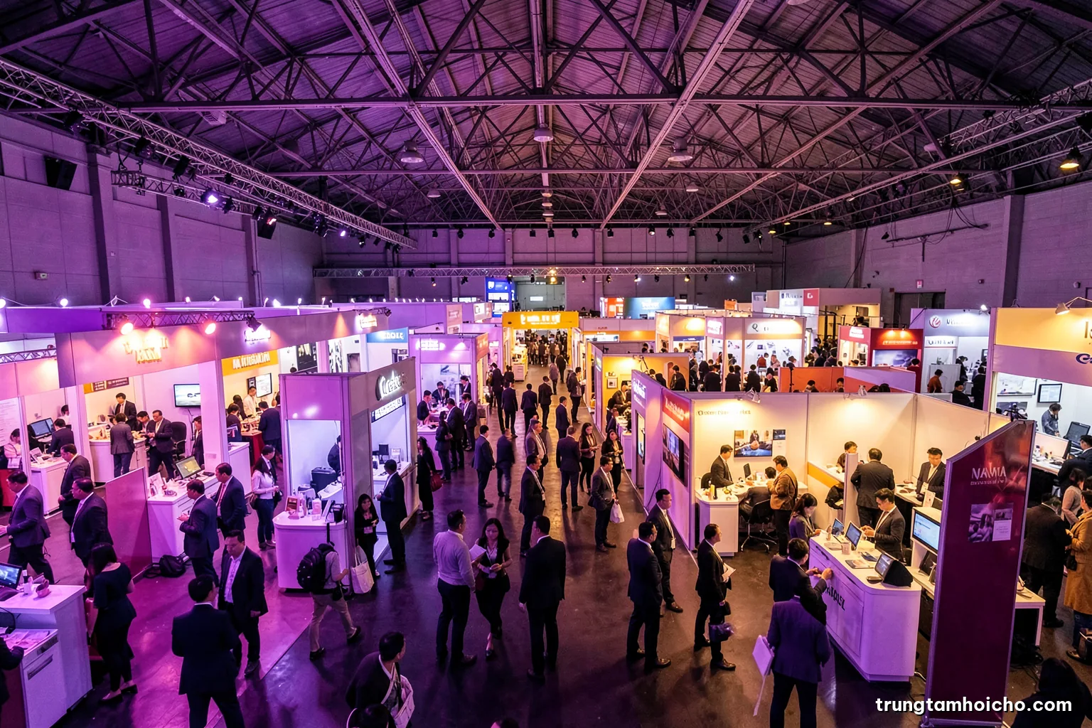 Wide overhead view of a busy trade exhibition hall in Vietnam, visitors flowing between open booths, warm spotlights, deep violet and amber palette, editorial business magazine style