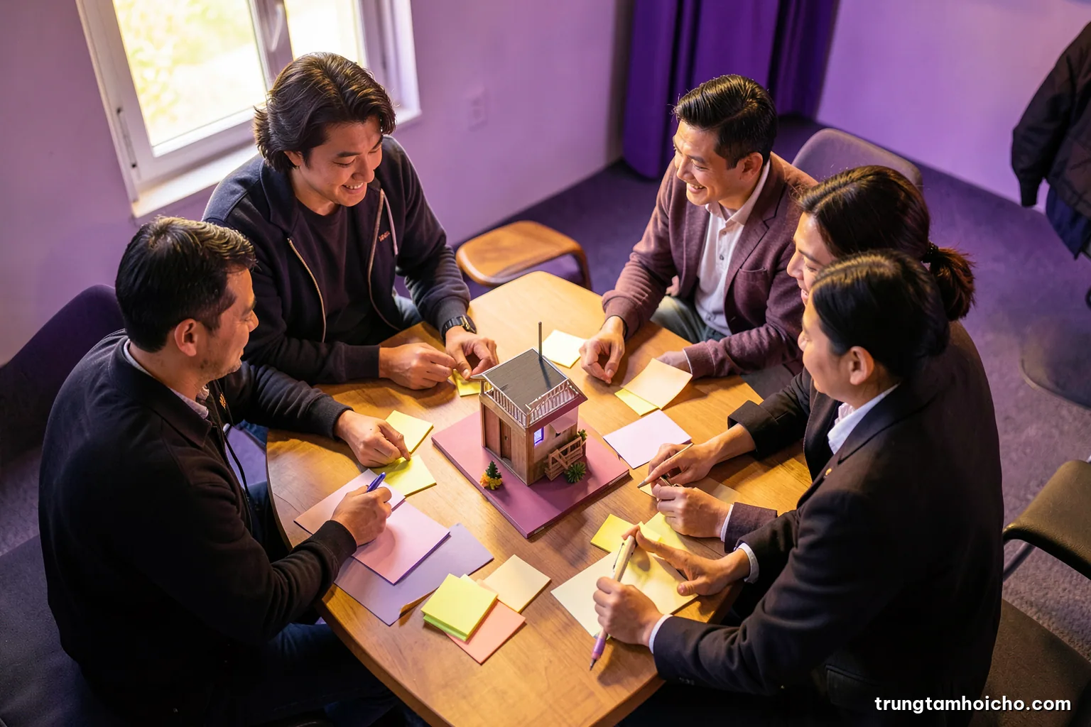 Small team of Vietnamese colleagues planning around a meeting table with blank sticky notes and a scale booth model, soft morning window light, top-down view