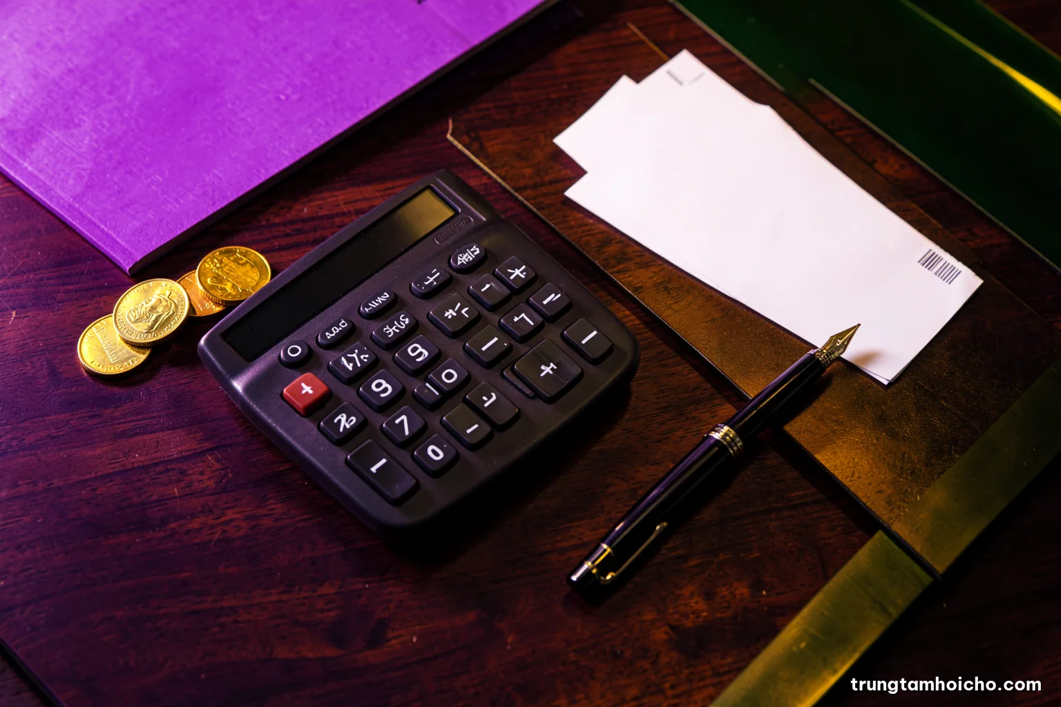 Top-down macro of a calculator, coins, a fountain pen and blank receipts arranged on a dark walnut desk, single soft side light, deep green and brass palette, editorial style