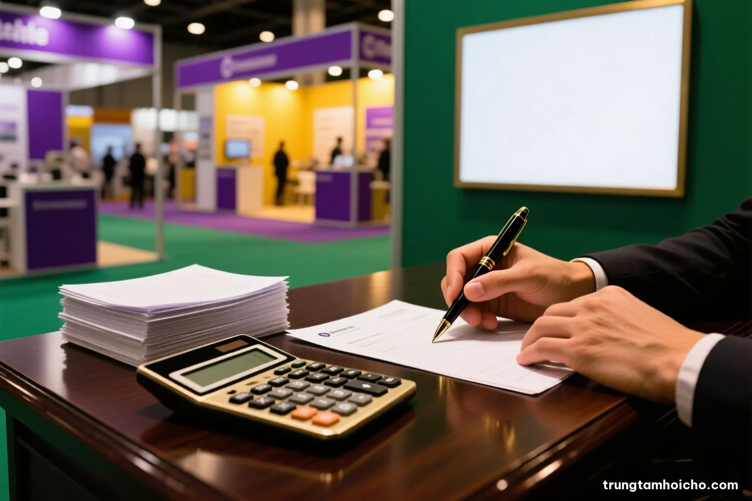 Close-up of a calculator, a fountain pen and a stack of blank invoices on a dark walnut desk, Vietnamese accountant hands, low raking light, deep green and brass tones