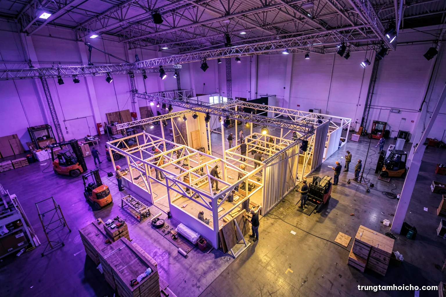High angle view of workers assembling modular booth frames and lighting rigs in an empty exhibition hall before opening, forklifts and crates, cool white work lights, industrial documentary photography