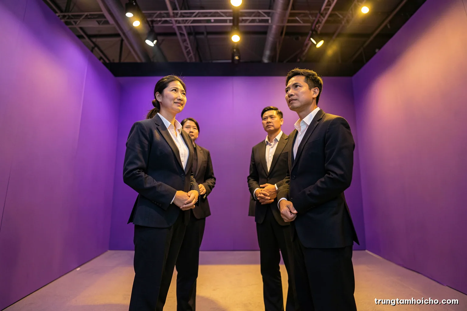 Low angle shot of four Vietnamese staff in matching dark blazers standing in a semicircle inside an empty exhibition booth during a morning briefing, soft overhead light, charcoal and gold palette