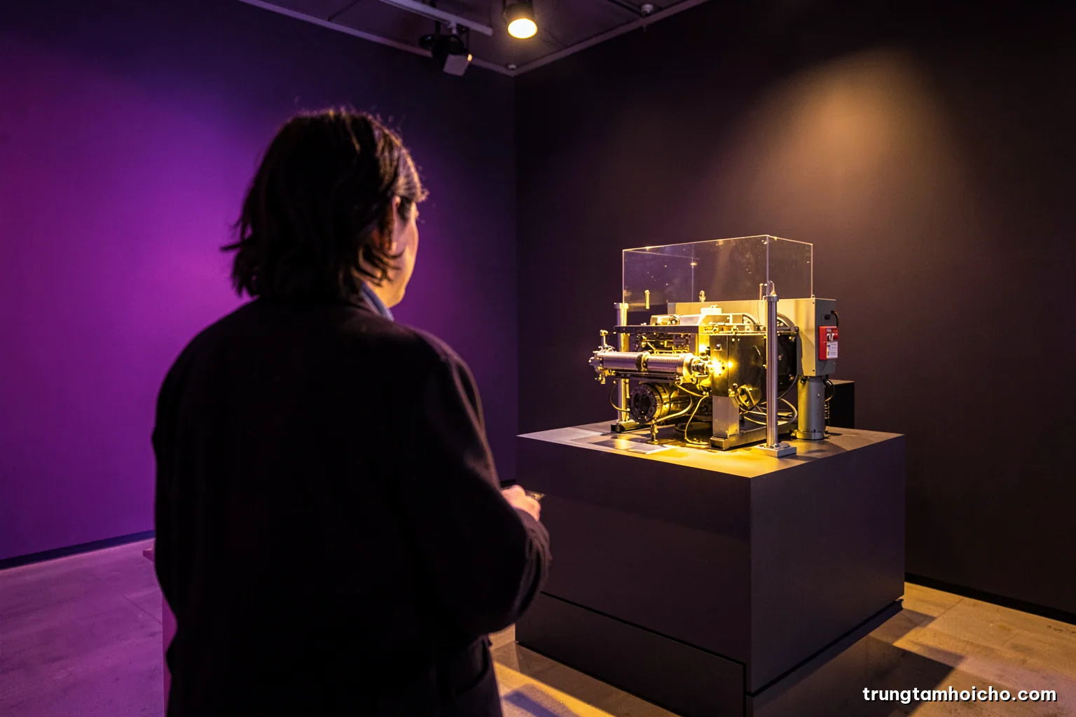 Over-the-shoulder view of a visitor studying an illuminated industrial machine on a museum-like plinth, quiet gallery hall, warm spotlights against deep charcoal walls, editorial photography
