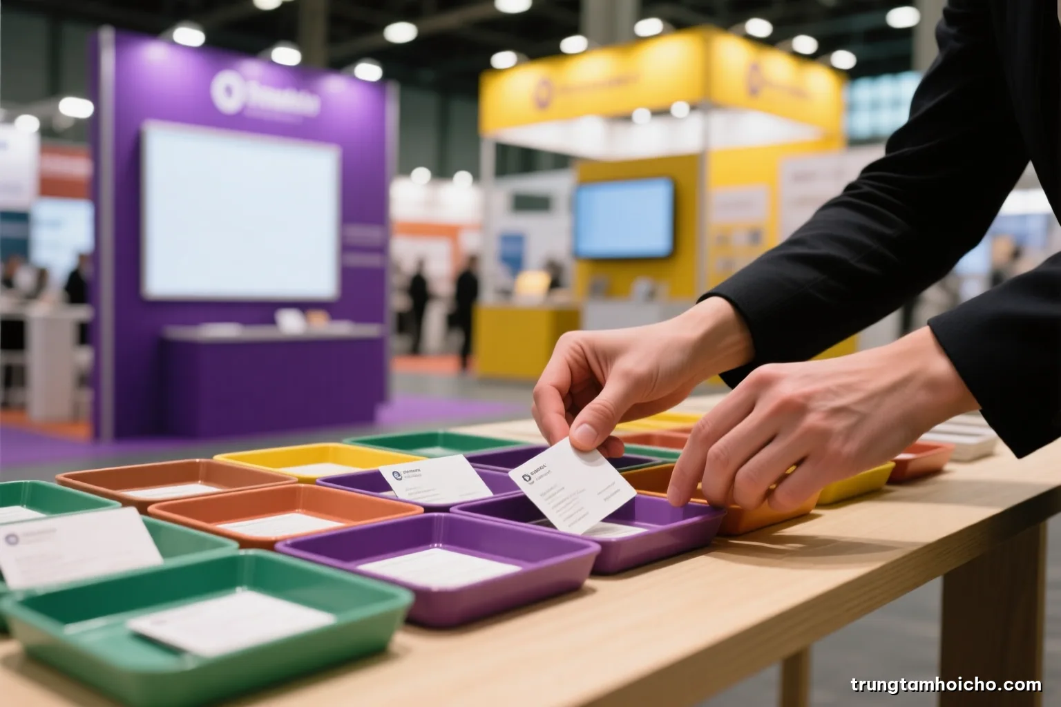 Close-up of hands arranging business cards into a grid of colored trays on a pale wooden table, soft overcast daylight, muted green and terracotta palette, shallow depth of field