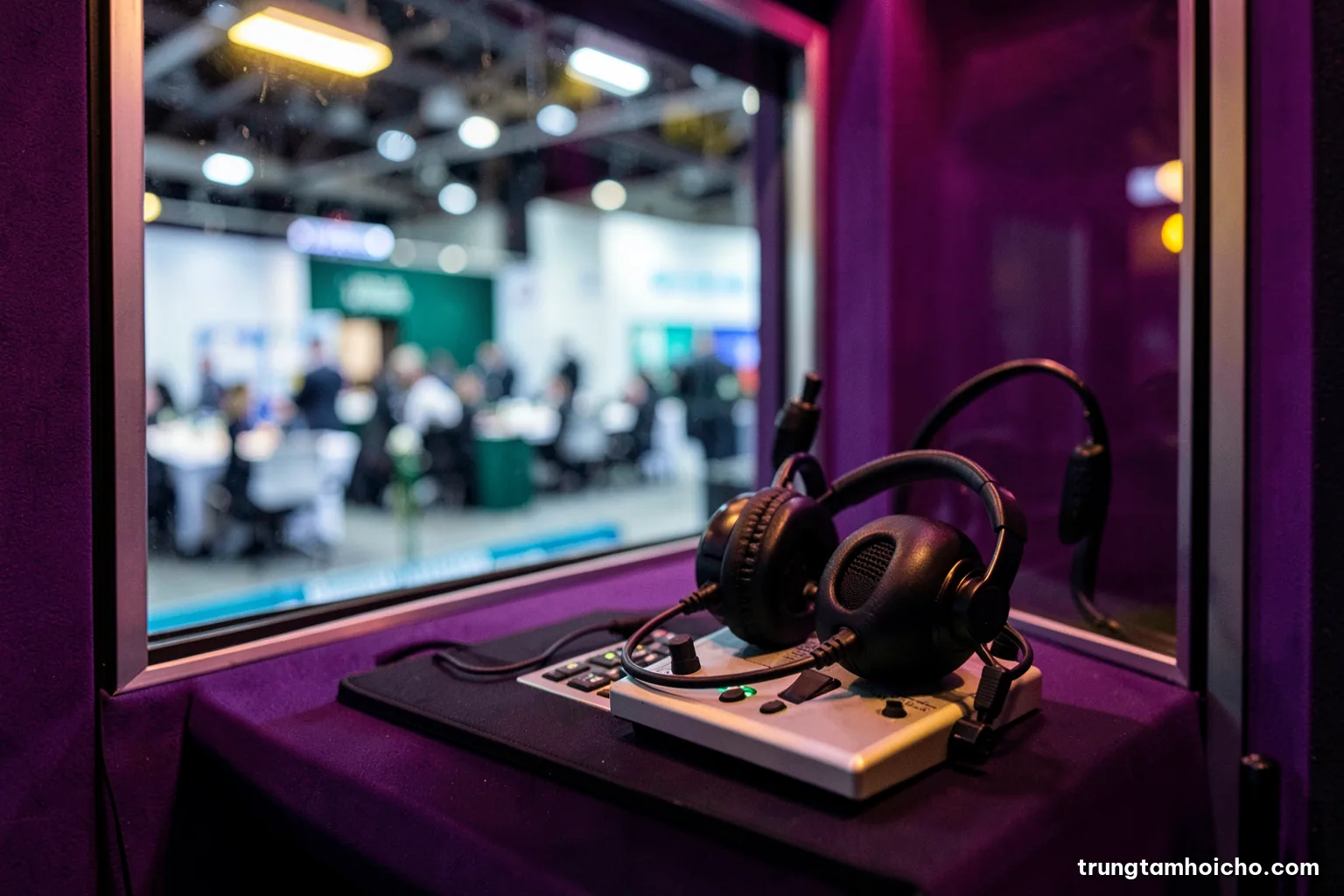 Macro view of a pair of interpreter headsets and a small console inside a soundproof booth, glass window overlooking a blurred conference hall, cool silver and deep green palette