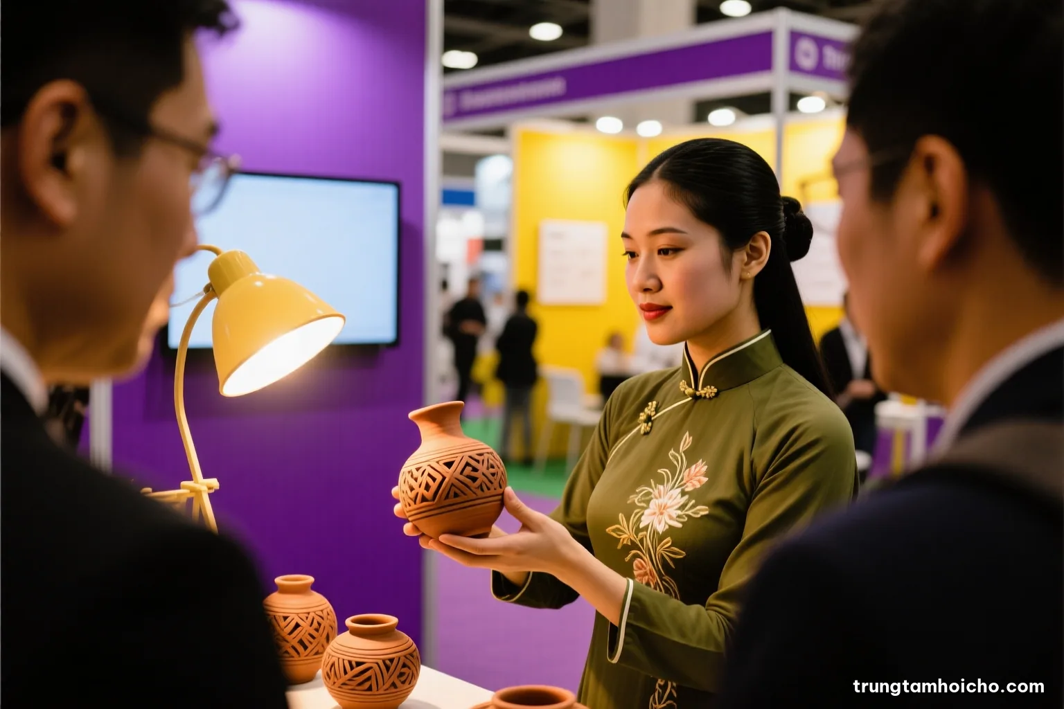 Close-up of a Vietnamese exhibitor demonstrating a handmade ceramic product to visitors whose faces are out of frame, warm tungsten light, terracotta and olive palette