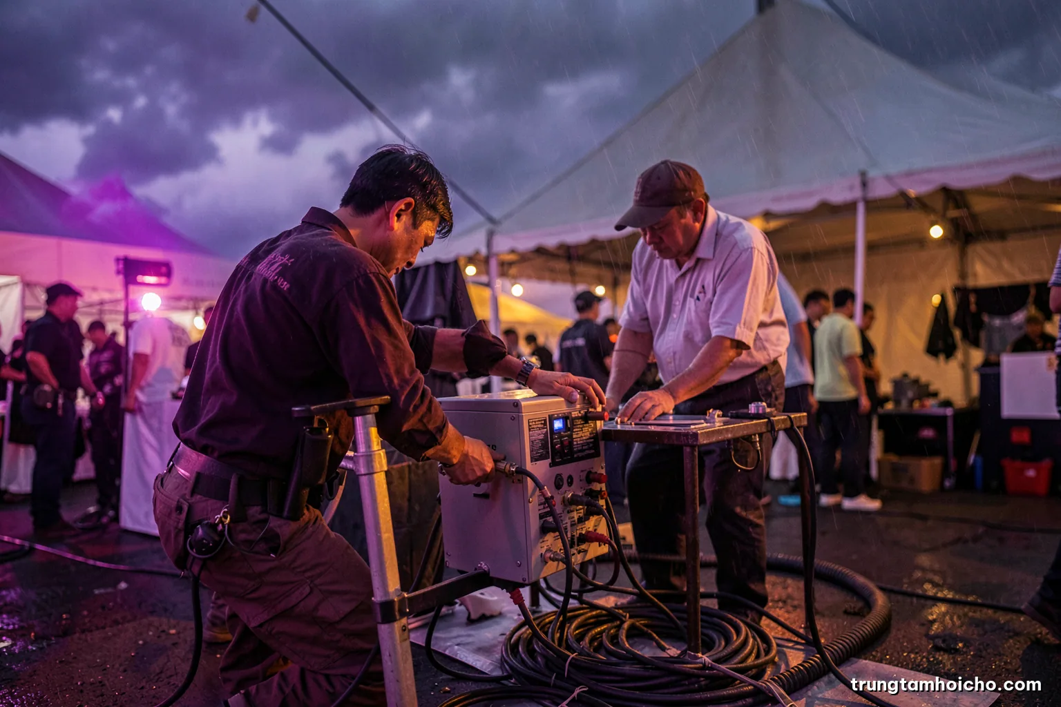 Backstage view of a Vietnamese technician checking a portable generator and coiled power cables at dusk, outdoor event tent behind, rain clouds gathering, moody slate and orange palette