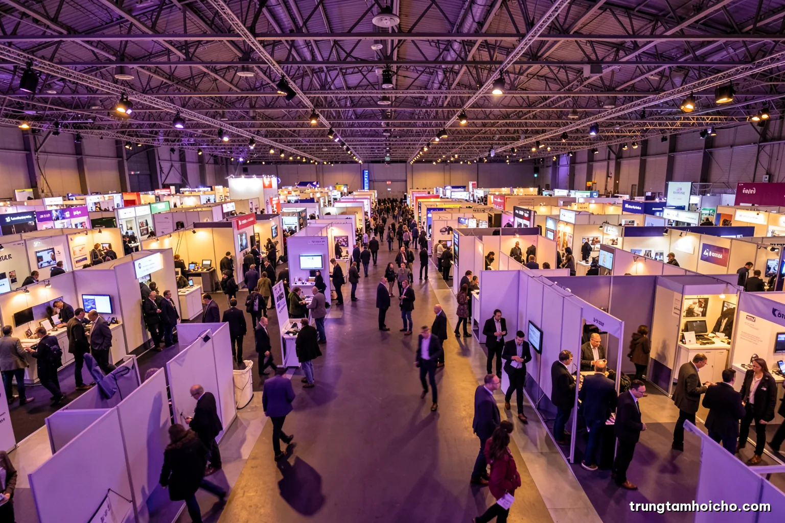 Wide overhead view of a busy trade fair hall with rows of modular booths, visitors walking the aisles, warm industrial lighting, muted purple and gold tones