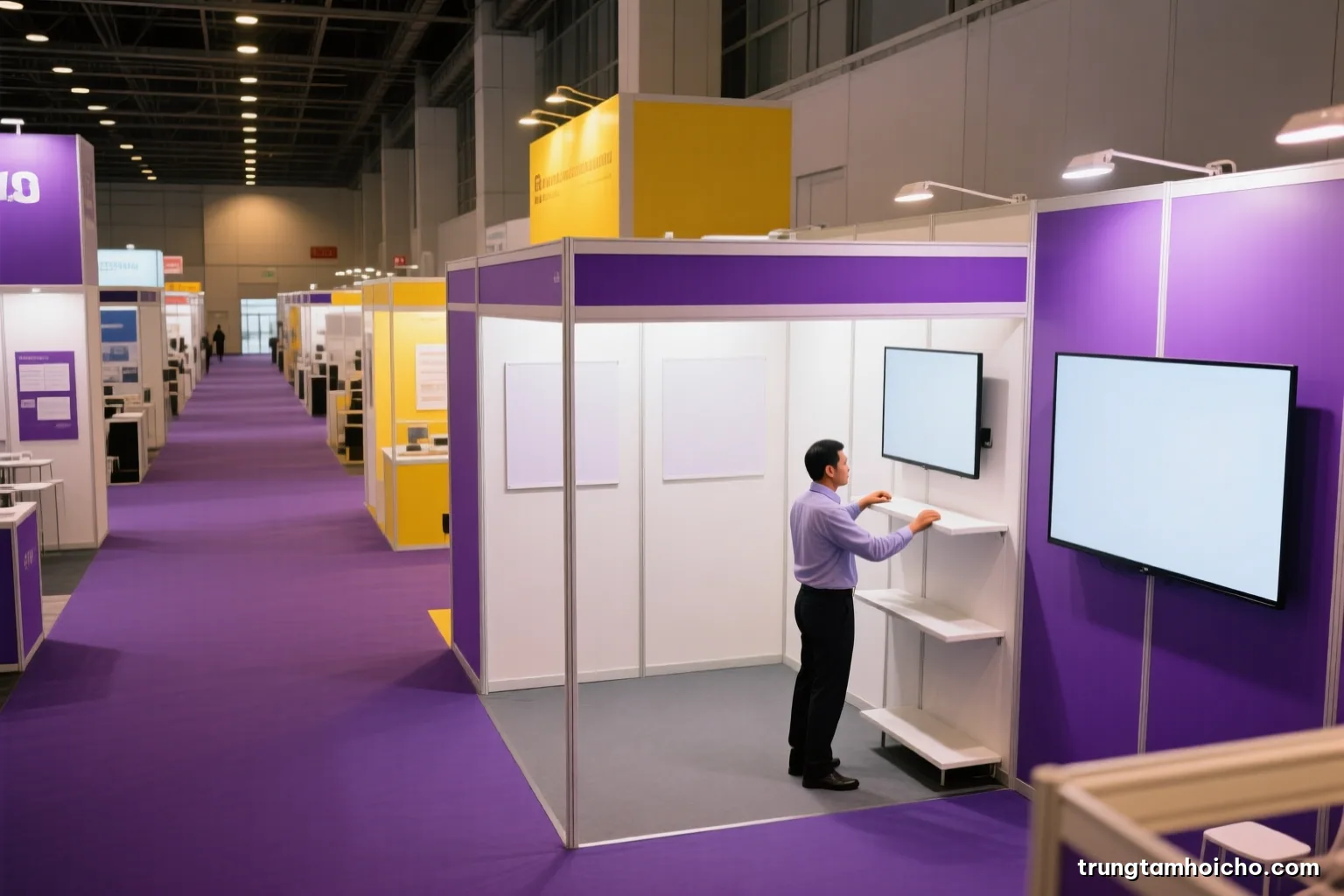 Wide high angle view of a quiet exhibition hall aisle early morning with one small empty booth and a lone Vietnamese man adjusting a display shelf, cool fluorescent light, muted purple and grey palette